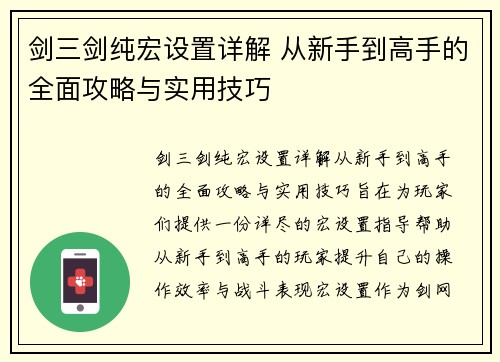剑三剑纯宏设置详解 从新手到高手的全面攻略与实用技巧